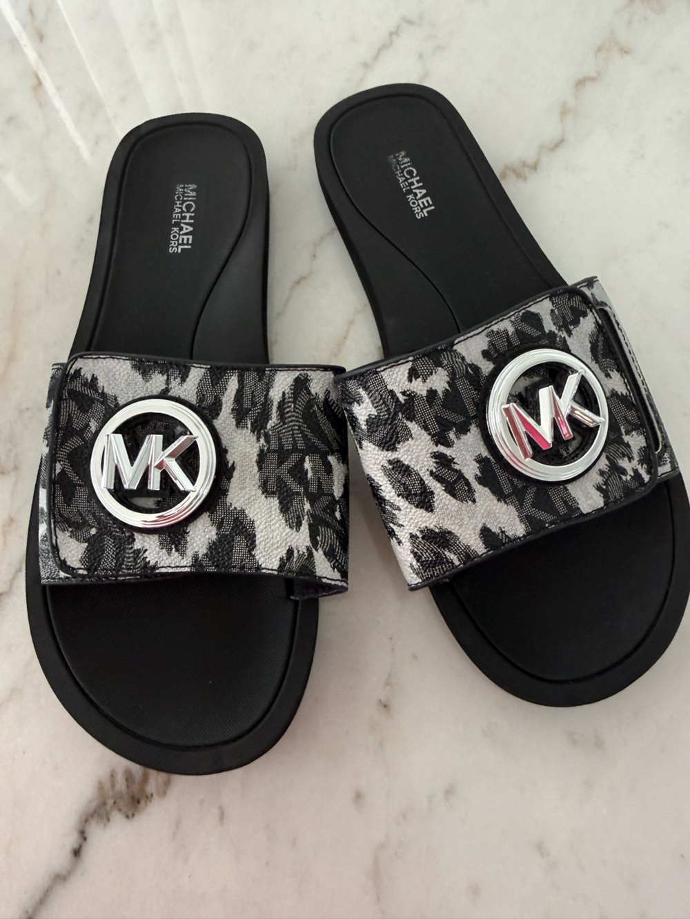 Michael Kors Black and Silver MK Logo Slide Sandals
